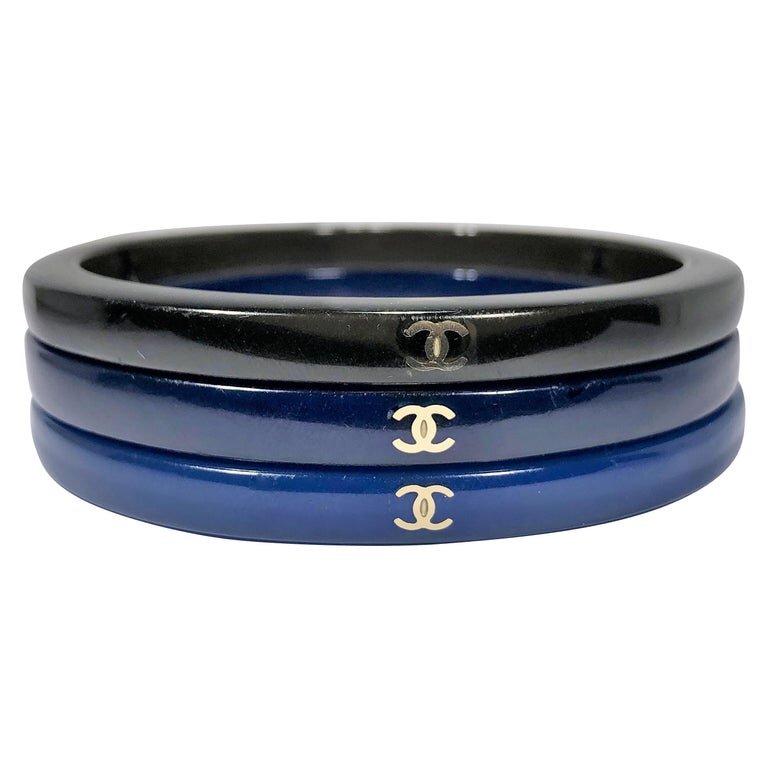 Set of Three Chanel Bangles- Blue, Dark Blue and Black with Gold Tone CC  Logo — Benchmark of Palm Beach