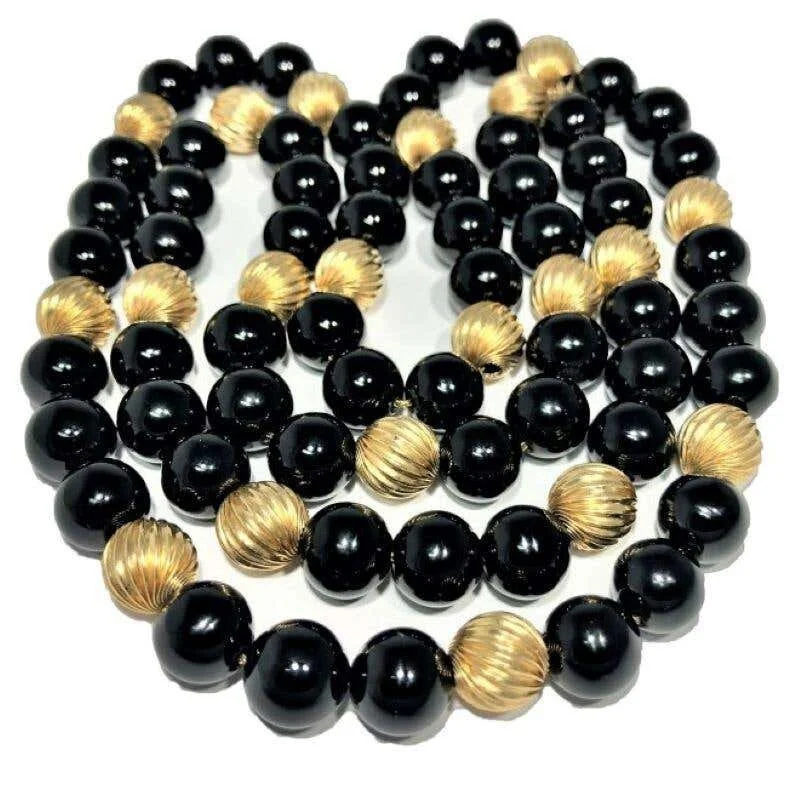 Fluted Gold and Onyx Bead Necklace 