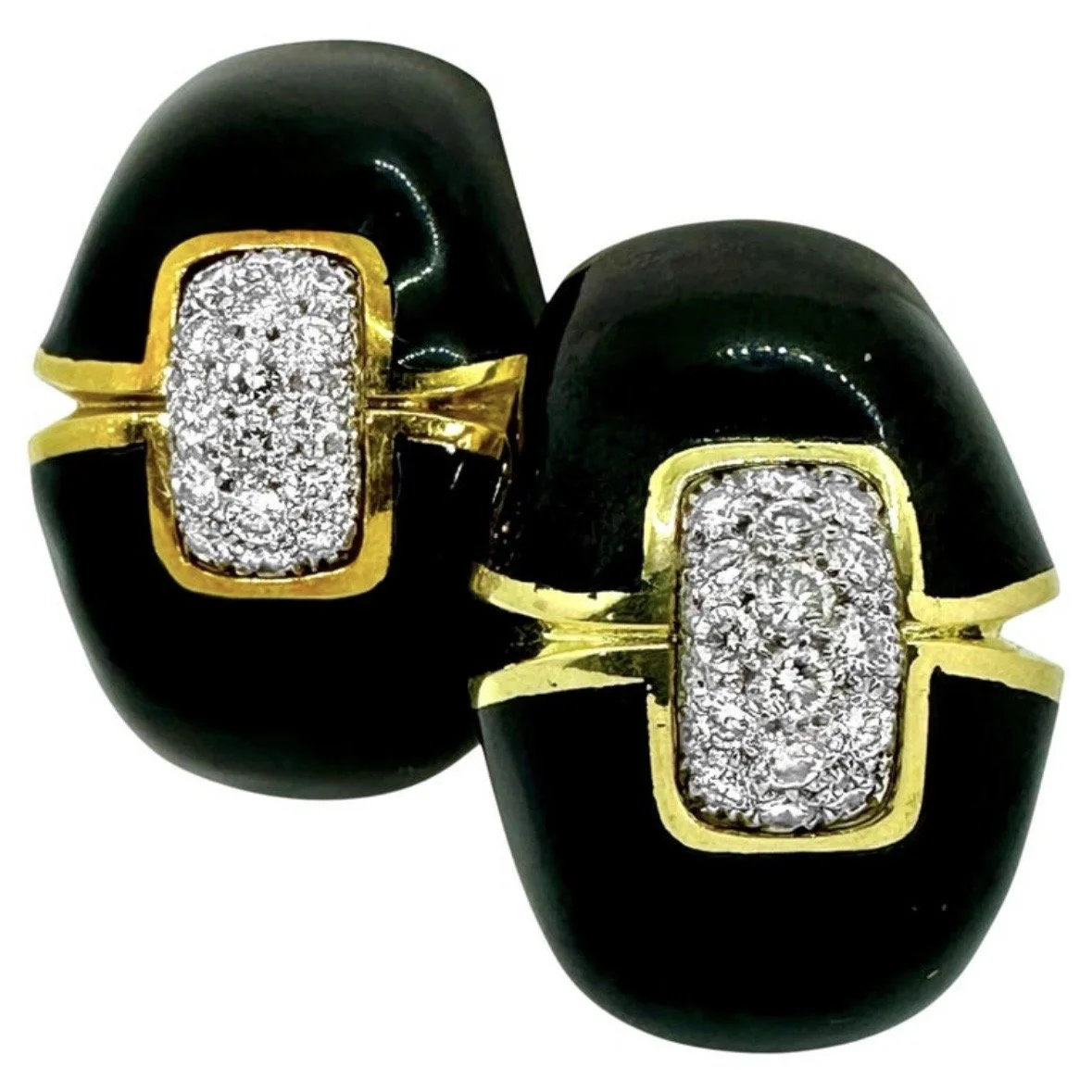 Vintage David Webb 18K Gold Black Enamel and Diamond Earrings