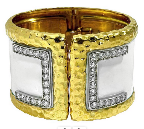 1 3/4 Inch Wide Gold Cuff with Hammered Design, White Enamel and Diamonds