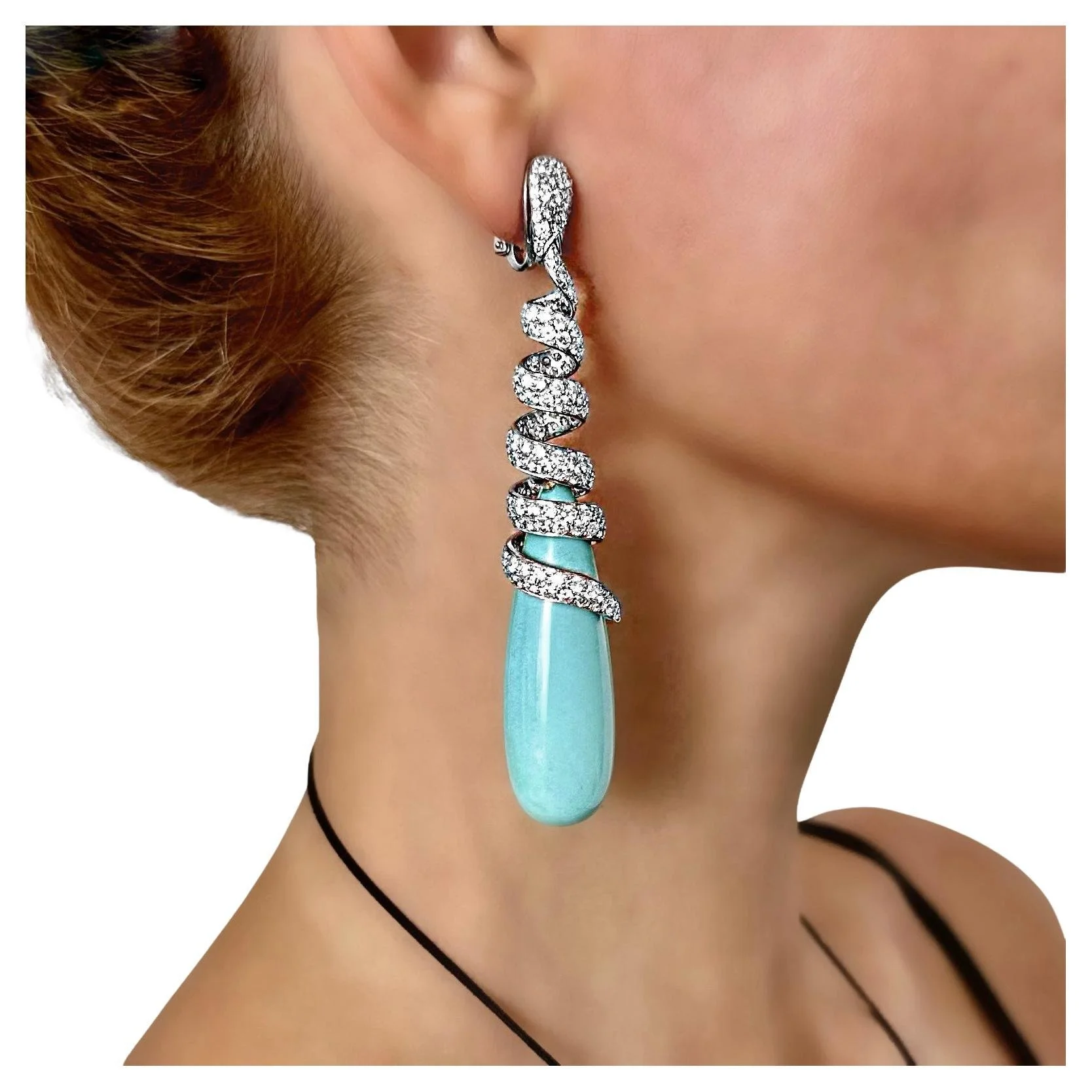 Diamond Encrusted Platinum & Turquoise Cork Screw Earrings 3 1/2 Inches Long