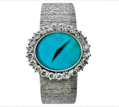 Ladies Vintage White Gold Piaget Watch with Turquoise Dial & Diamond Bezel
