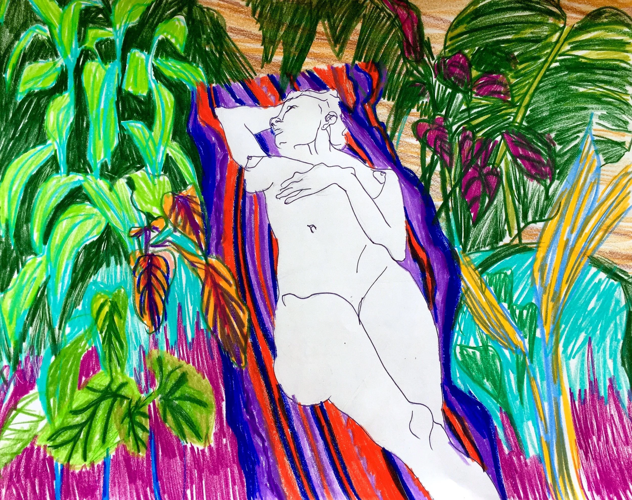 Figure on Rug with Plants