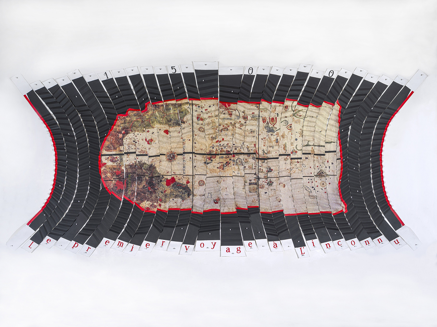Miguel Angel Ríos, Le Premier Voyage à L’inconnu , 1992-93, Cibachrome mounted on pleated canvas with push pins, 63 x 126 inches. Courtesy of the artist and Gallery Wendi Norris, San Francisco.