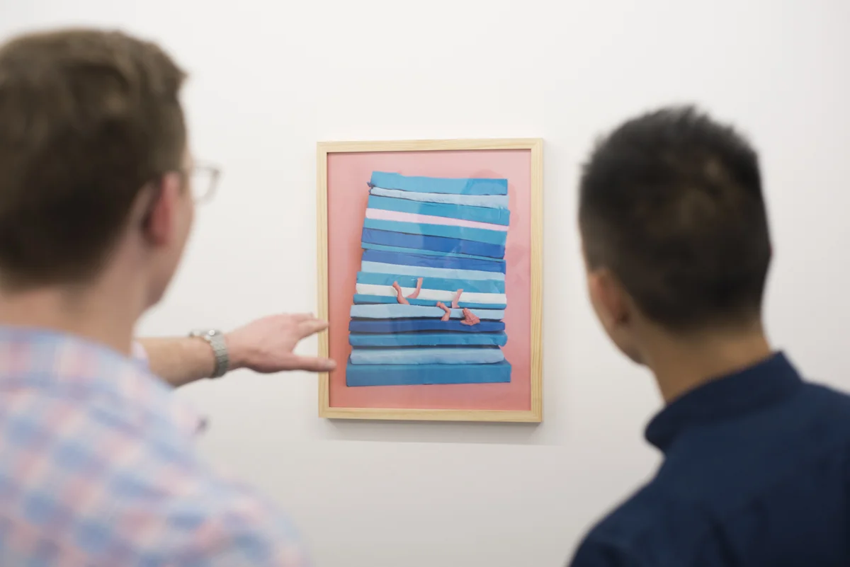 Installation: Marcela Pardo Ariza, Loose Attempt to a Vertical Water(bed) , 2016, archival inkjet print in handmade oak and ash wood frame, 16 x 20 inches. Young Collectors Club, R/SF projects, San Francisco, April 29, 2017. Image courtesy of R/SF projects.