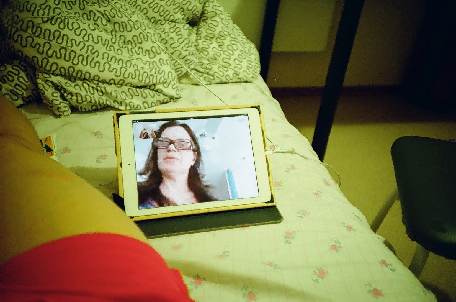 You were at your desk, in the kitchen. Turning your head, your eyes would have passed into that unreachable space. Instead, our world was shallow, your worry deep. Even with two pairs of glasses on, you couldn’t see the comforter (which you bought), the leg (which grew in your womb), the charger (of the iPad you insisted I bring), the books (that I would send back to your house). I was looking East and you were facing South and still our eyes met. Will you frame this photo I took of us together? When guests come over, we can say, Jyoti became the family photographer that day. We can say, Stephanie bought the antibacterial gel that healed the scratch on Jyoti’s leg and also bought that screen which became their meeting place. We can ask, Well, which was it, which March?/When they divided us like a deck of cards! Stephanie could hear the sound of water falling in Siberia.