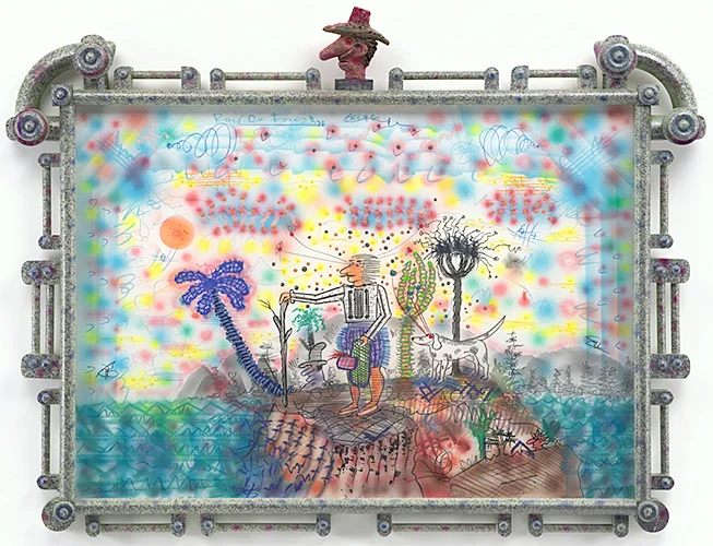 Roy De Forest, Untitled , 1996; acrylic, pastel, and mixed media on paper with artist designed frame; 39-1/2 × 52 × 4-1/4 inches. Image: Brian Gross Fine Art. http://www.briangrossfineart.com/artists/rdeforest/ .