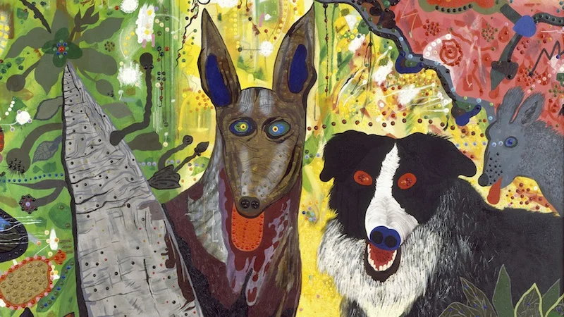 Roy De Forest, Country Dog Gentlemen (detail), 1972; polymer on canvas; 66 3/4 x 97 in. Image: San Francisco Museum of Modern Art. https://www.sfmoma.org/artwork/73.32 .