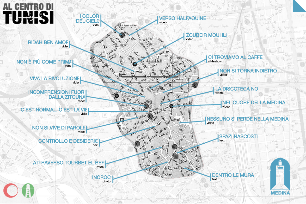 screengrab from Al Centro di Tunisi, a web documentary developed by the interdisciplinary research group GeoTelling. The cartography contains multiple narrations, composed of images, texts and videos. i mage courtesy of the Author. http://webdoc.unica.it/tunisi/index.htm