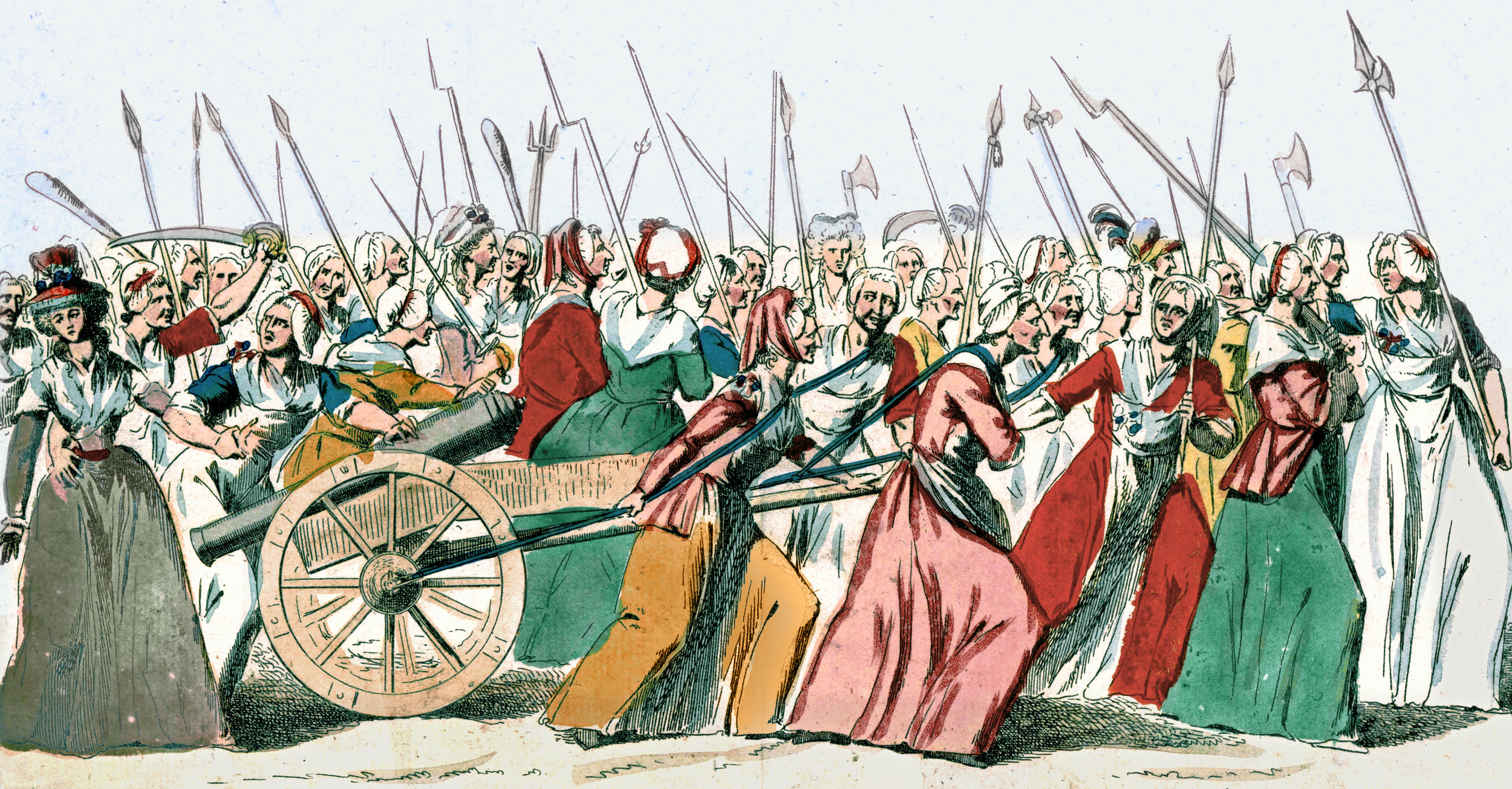 Avant-garde des femmes allant à Versailles : Marche des femmes sur Versailles, 1789, 5 et 6 octobre. Vainguard of women going to Versailles. Source : Bibliotheque Nationale RC-A-10109.