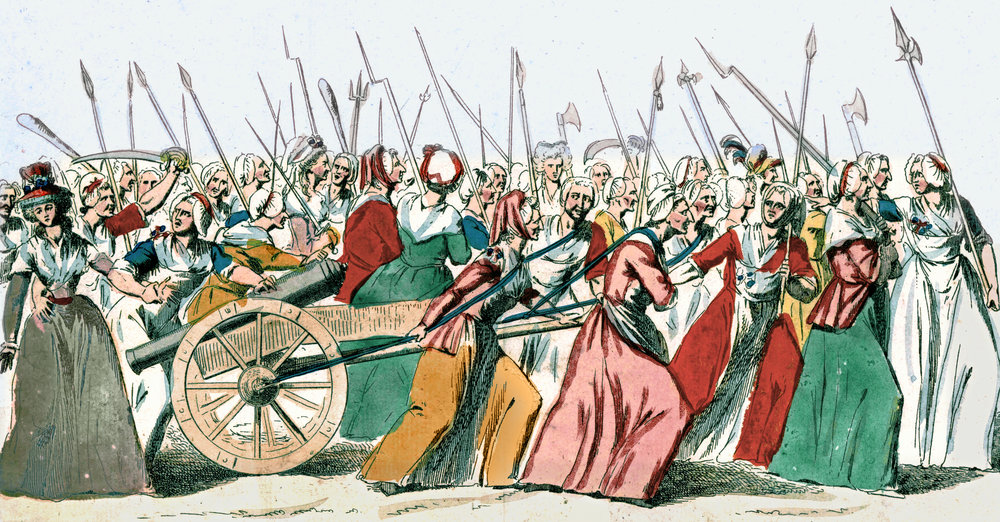 Avant-garde des femmes allant à Versailles : Marche des femmes sur Versailles, 1789, 5 et 6 octobre. Vainguard of women going to Versailles. Source : Bibliotheque Nationale RC-A-10109.