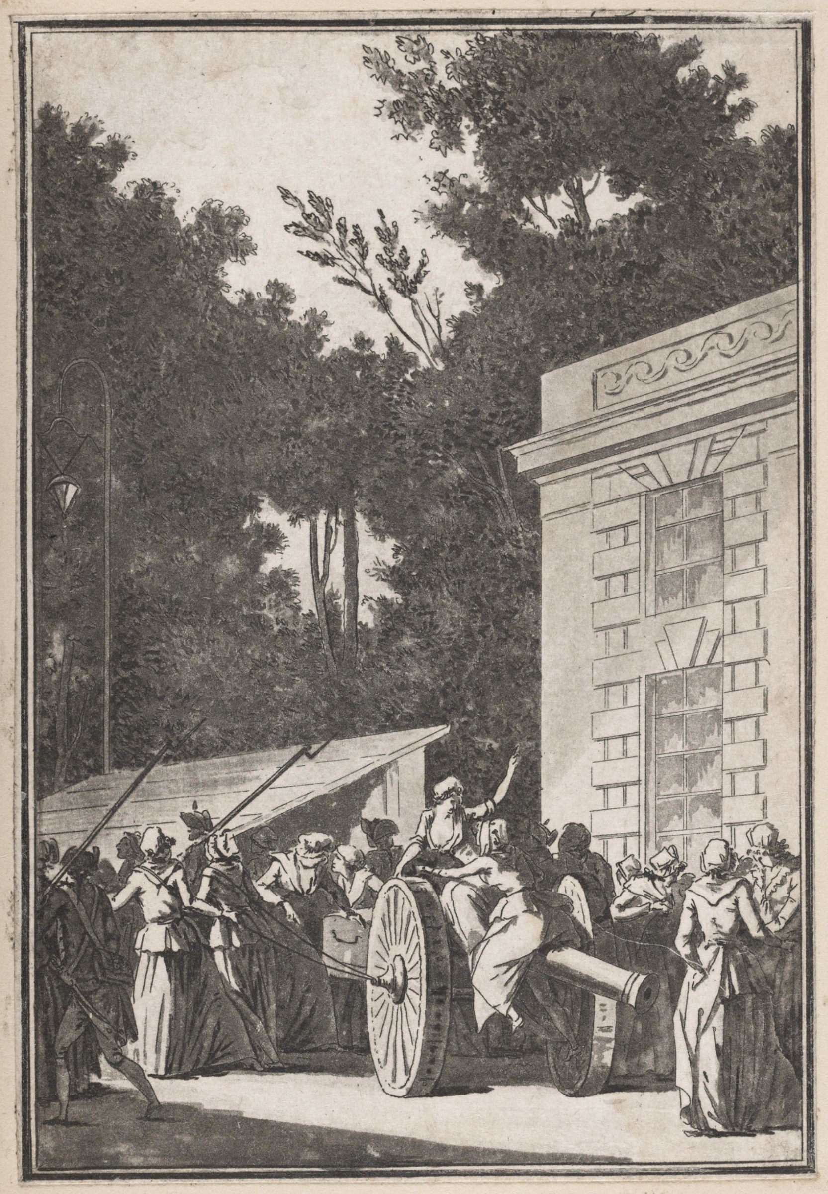 Jean François Jainet (French, 1752 - 1814), Parisian Women March on Versailles (5 October 1789). Print, 5 1/8 x 3 9/16 in. Gift of Patrice Higonnet. Image courtesy of Harvard Art Museums/ Fogg Museum.