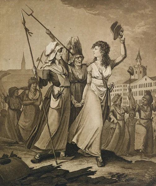 Pariser Poisarden, Poissardes de Paris, Octobre 1789 (Fishwives of Paris, October 1789), 1789.  German School, (18th century), Engraving, Musee de la Ville de Paris, Musee Carnavalet, Paris, France.