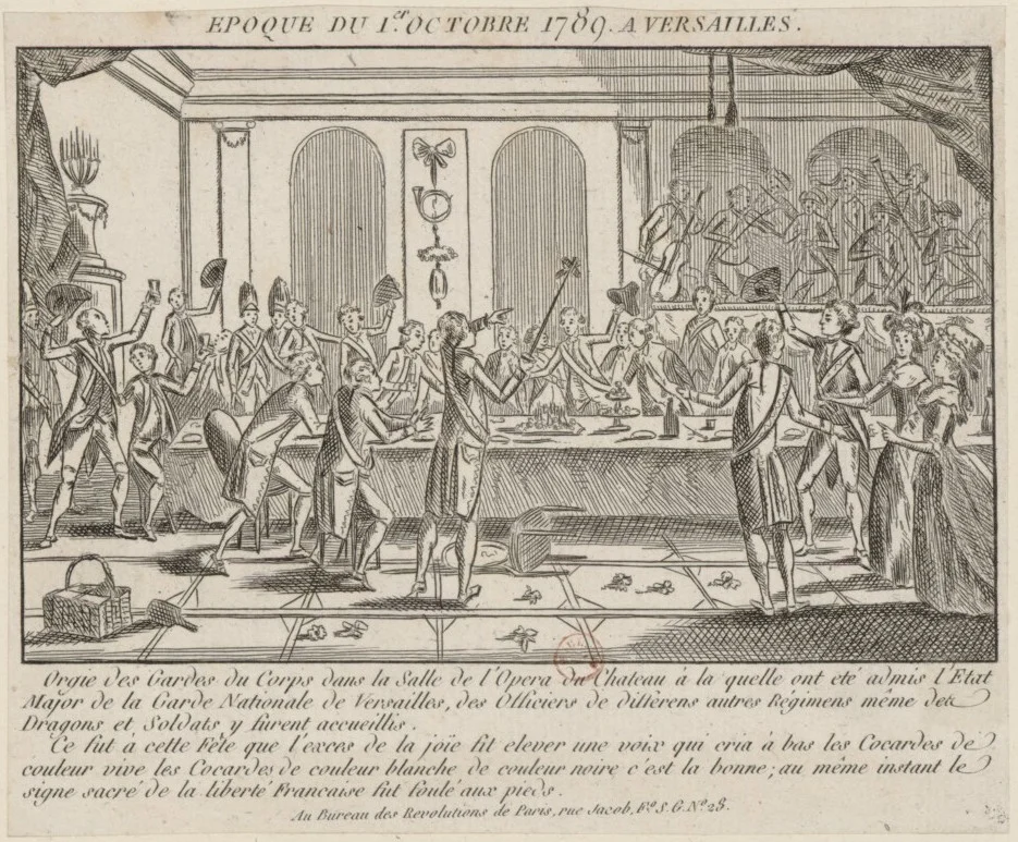 "PRINT OF THE KING'S BODYGUARD AND THE FLANDERS REGIMENT TRAMPLING THE NATIONAL COCKADE UNDERFOOT." WADDESON MANOR. OCTOBER 1, 1789, 1789. ENGRAVING, 9X14 CM. BUREAU DES REVOLUTIONS DE PARIS (PARIS). 