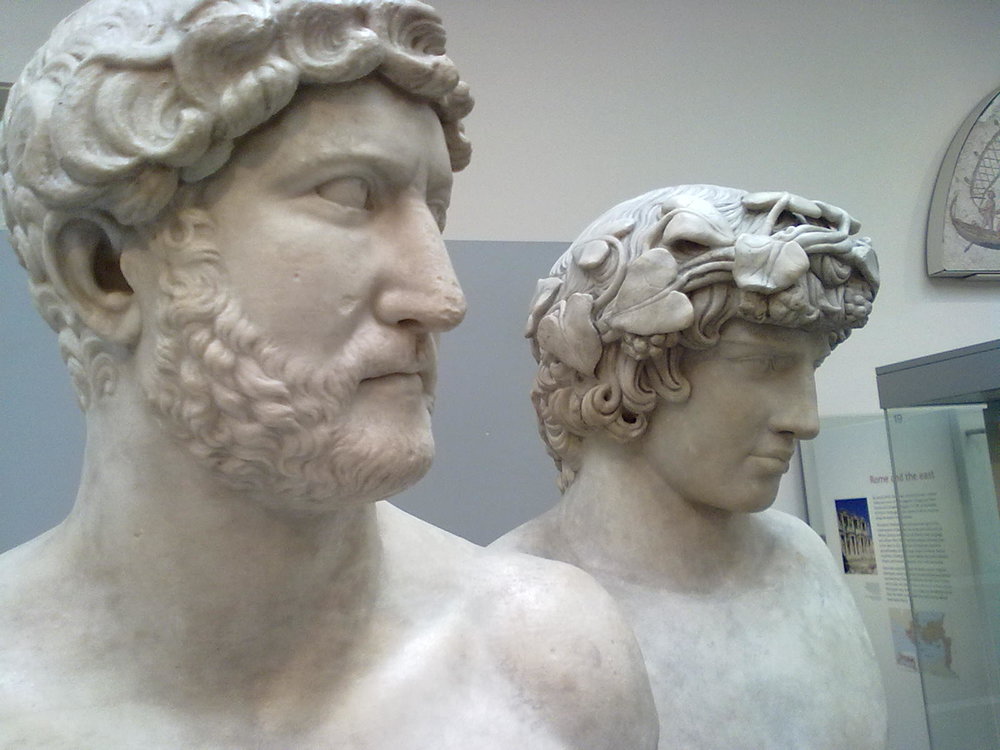 Adjacent busts of Emperor Hadrian and Antinous exhibited at the British Museum, London.