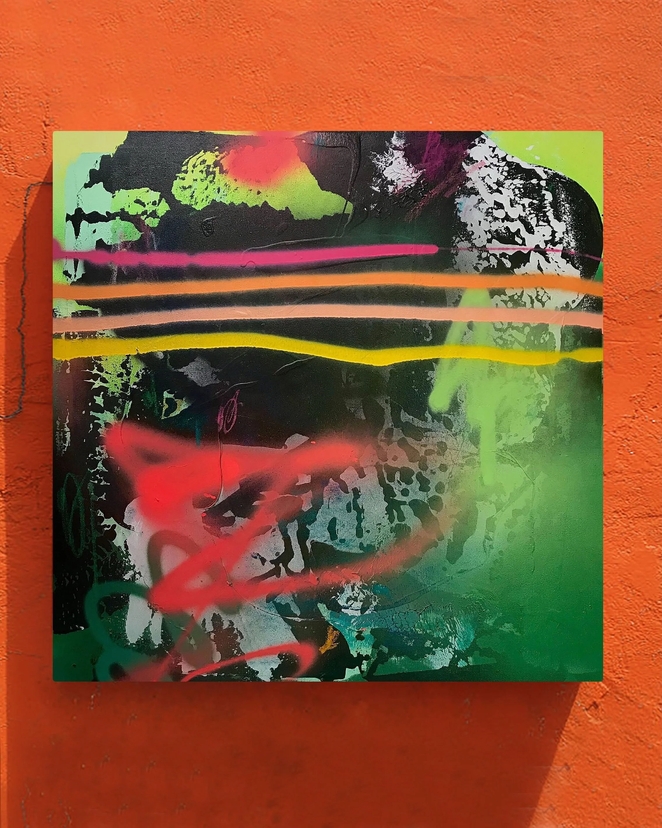 I think more walls should be orange.

&mdash;&mdash;
1. &ldquo;Nevermind the Cositas&rdquo;, 2020
Acrylic, Spray Paint &amp; Oil Pastel on Canvas 
36 x 36 inches (91.44 x 91.44 cm) 

2. &ldquo;Behind the Wheel of a Large Automobile&rdquo;, 2025
Acryl