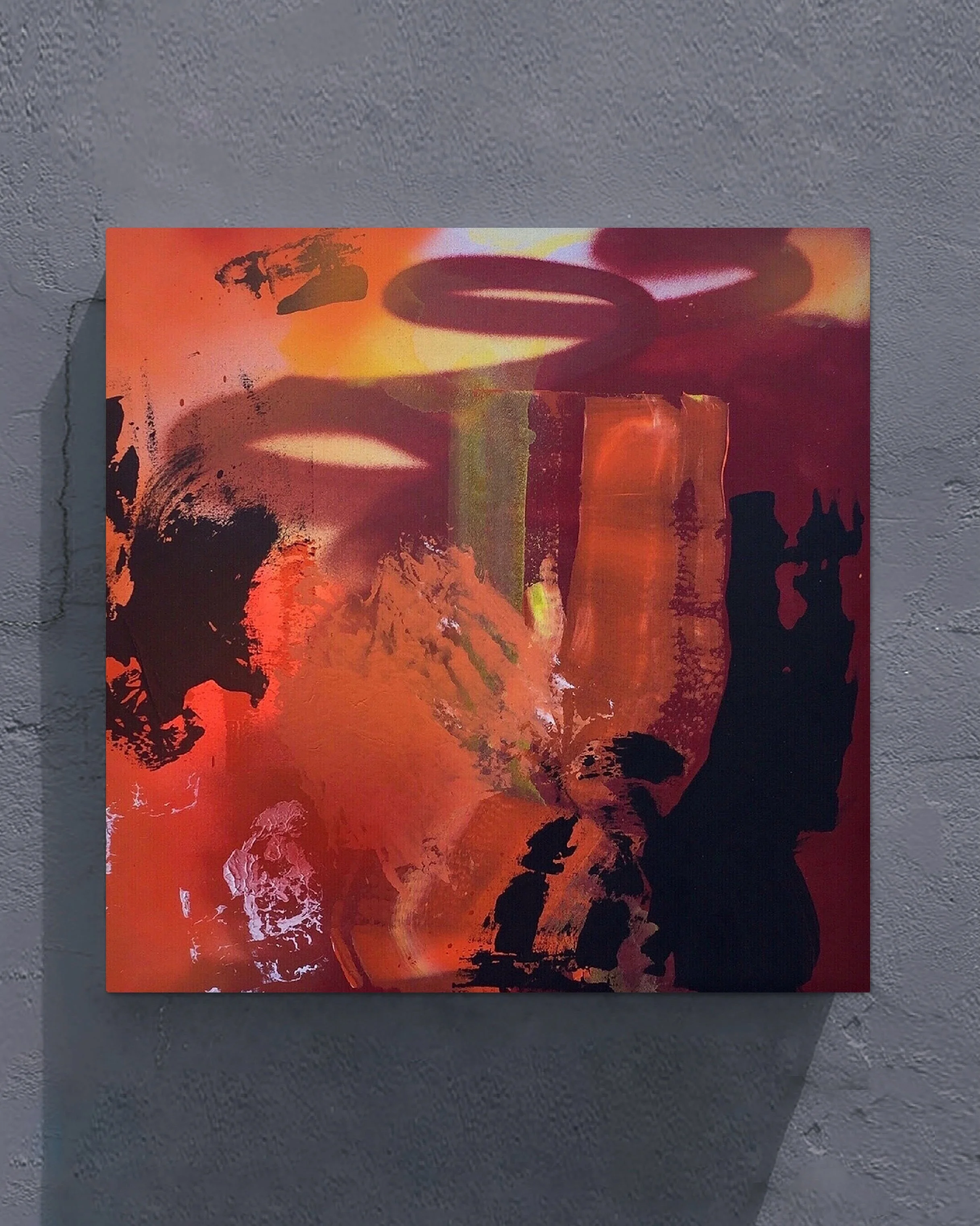 double cherry color theory 

&mdash;&mdash;
&ldquo;Ceremony&rdquo;, 2020
Acrylic, Spray Paint &amp; Oil Pastel on Canvas
36 x 36 inches (91.44 x 91.44 cm)