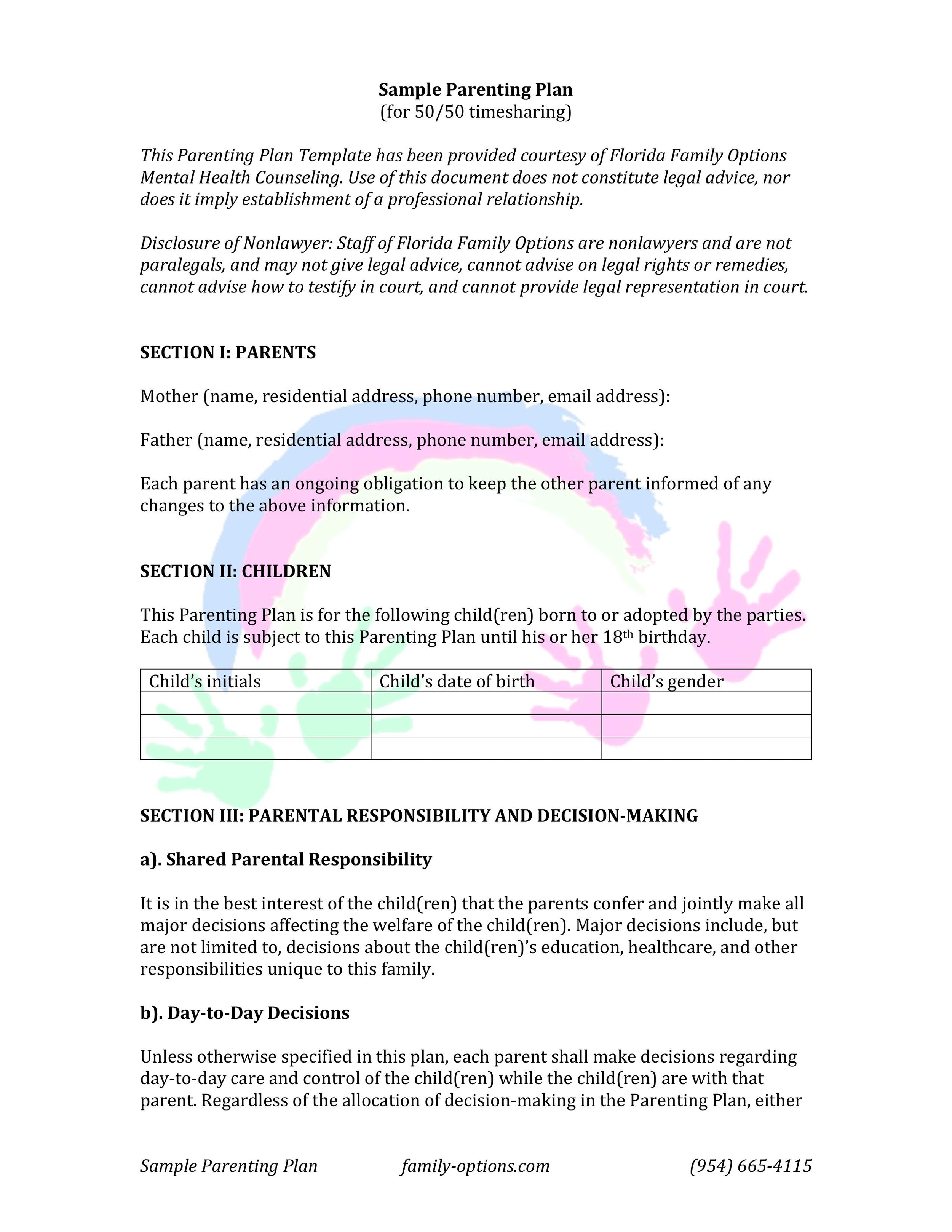Sample Parenting Plan — Florida Family Options mental health services With Regard To family mediation agreement template