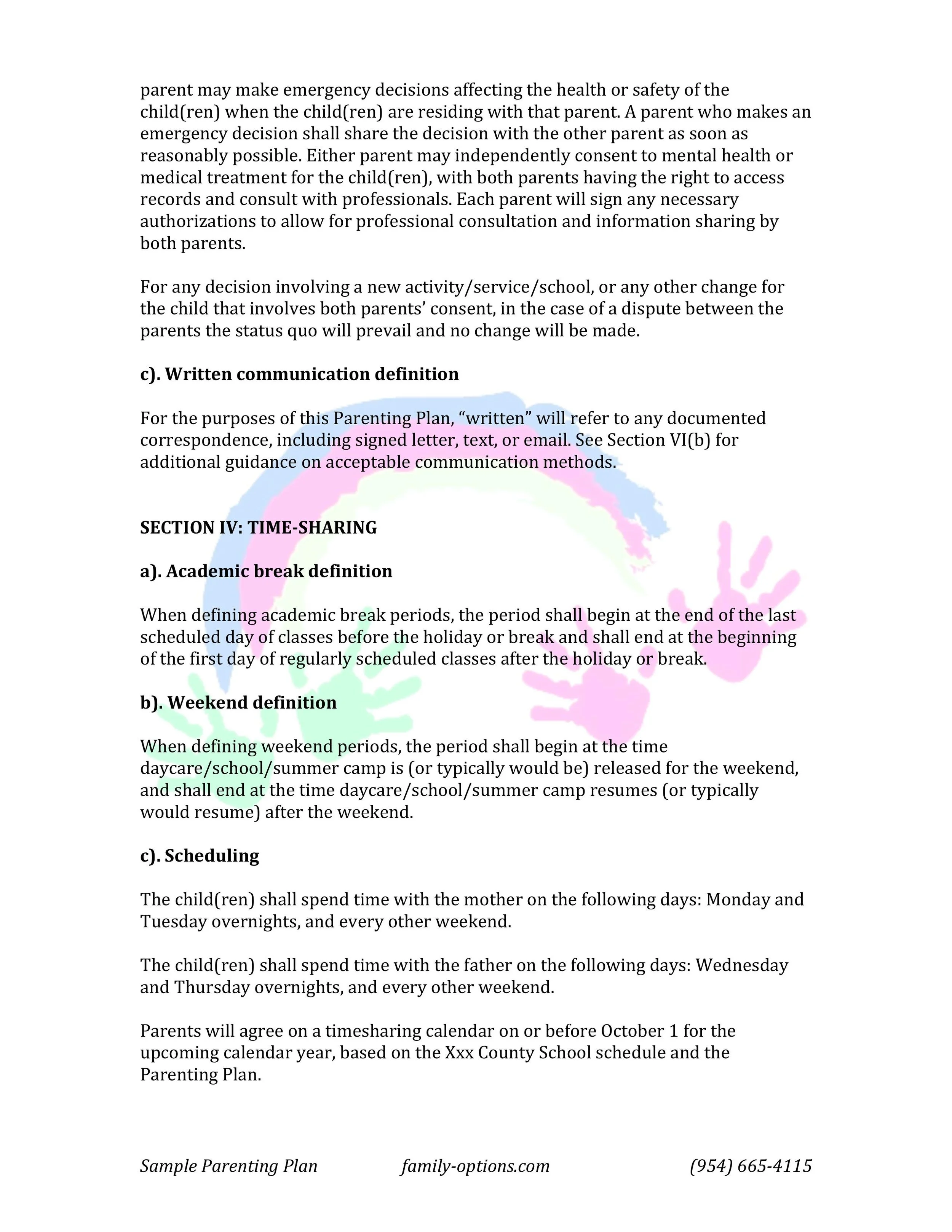 Sample Parenting Plan Florida Family Options Mental Health Services