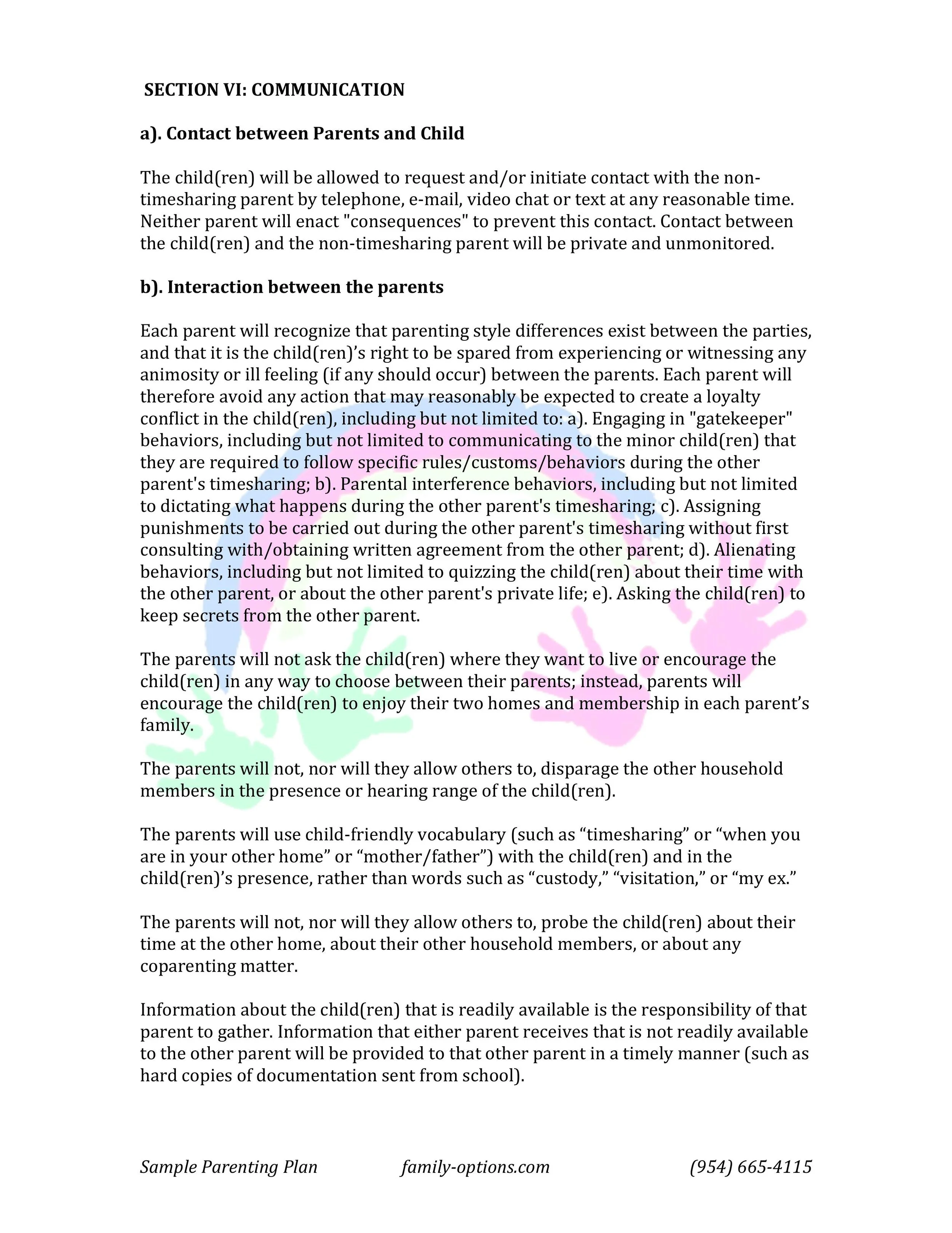 Sample Parenting Plan Florida Family Options Mental Health Services