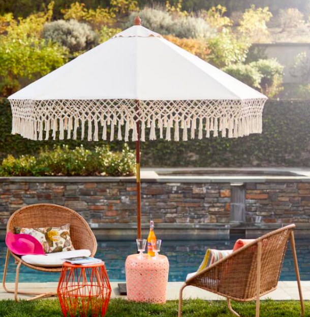 FRINGE 9FT OUTDOOR UMBRELLA BY WORLD MARKET $54 ON SALE Obsessed with this fringe umbrella and the boho vibe. We get so many compliments on it every time people come over. The natural hued canopy provides amazing shade and I can’t believe it’s on sale.