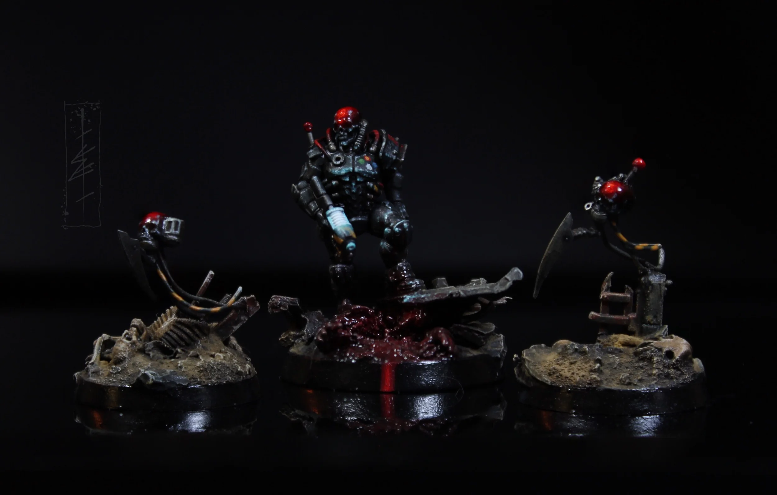 Mechanical links fastened directly within all living import and export points of Kaelmn’s once, entirely, human form allow him dominion over the Hoof and it’s systems. Servitor constructions Arch1bald and D3mun8rian facilitate these avenues of multinural congress as well as Kaelmn’s physical field disembarkation. Providing a depletable grav field that, when operating in unison, can allow him the maneuverability of a slow moving Astartes jump pack.