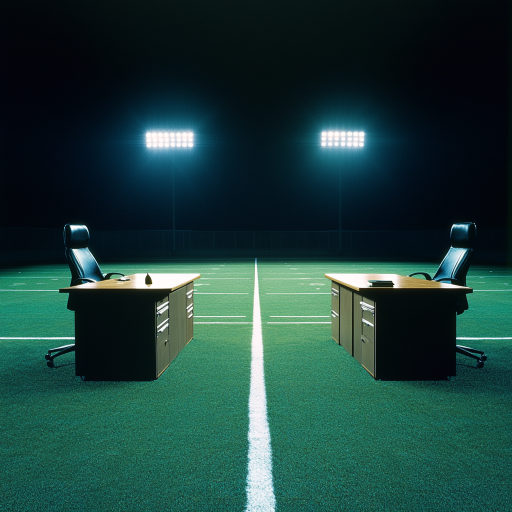 valleyofthegolden_TWO_OFFICE_DESKS_face_to_face_on_a_football_4e7ab9fd-fdf0-4f35-b904-9ec78e764f26_1.png