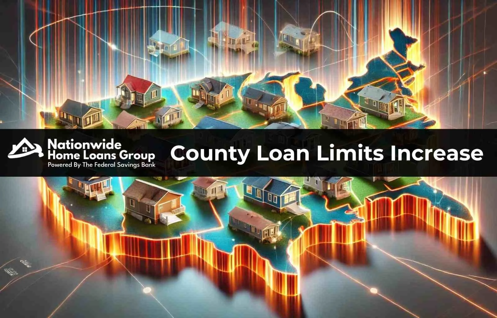 3D Map of United States With Homes In Different Regions, Depicting New 2026 County Loan Limit Increases for Homeowners and Homebuyers - NationwideHomeLoansGroup.com