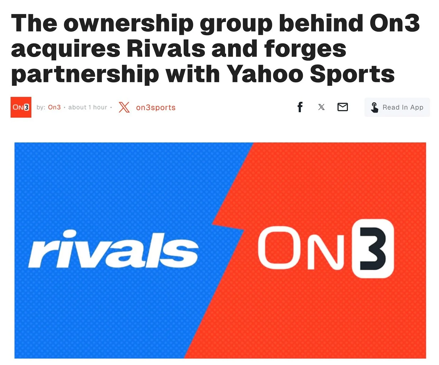 Big, exciting news: Rivals (@rivalsdotcom) is joining On3 (@on3). Together, On3 and Rivals will create a network that will serve millions of fans & student-athletes and offering unparalleled coverage of college and high school sports, recruiting,