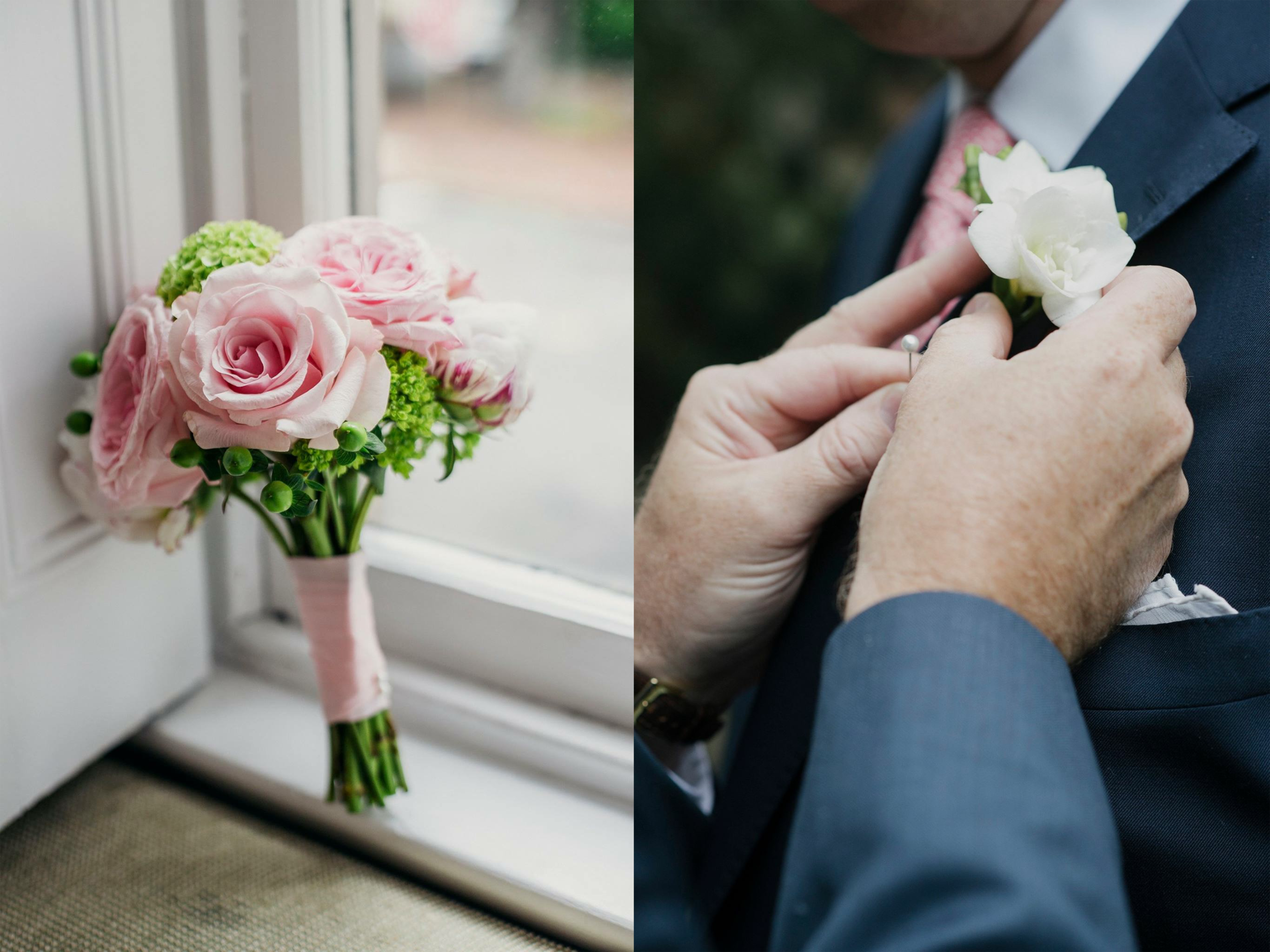 Pink and green flower bouquet for wedding. Man pinning a boutonniere on a lapel.