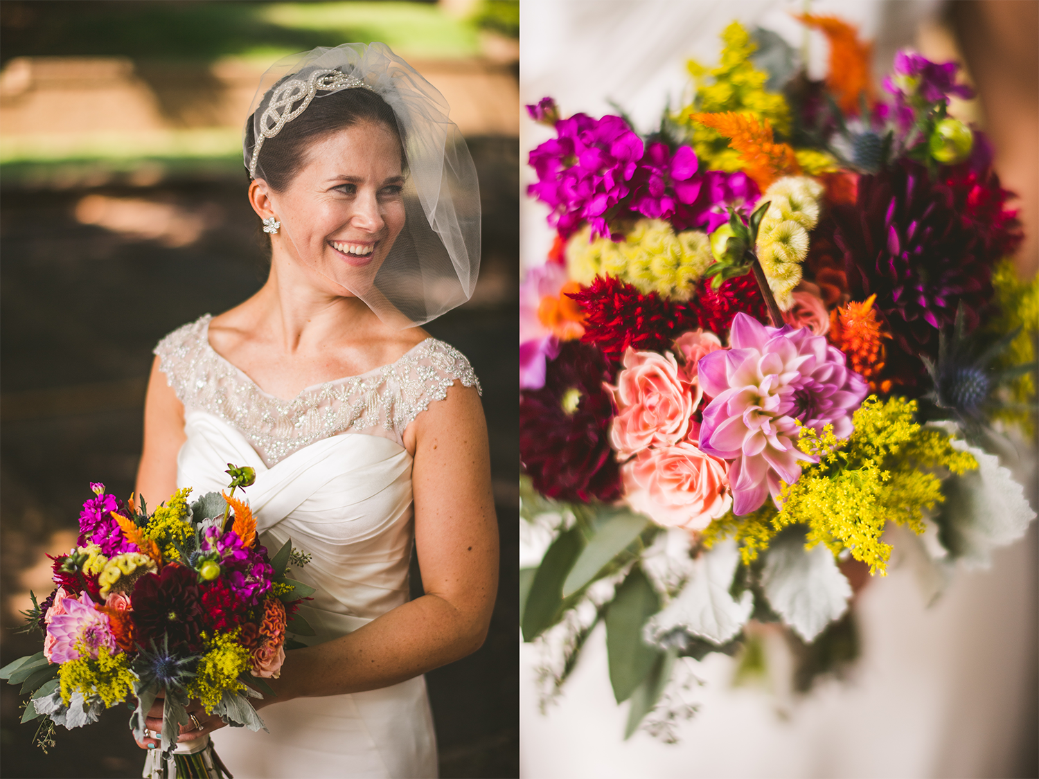 Bride holding bouquet of pink, purple, yellow, orange, and red flowers and a close up of the bouquet.