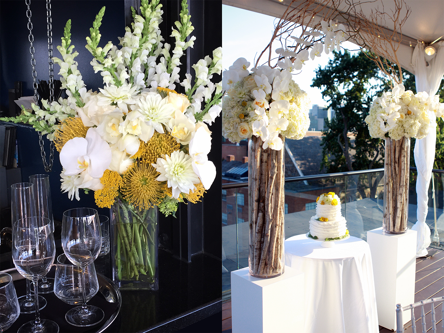 Bouquet of tall white and yellow flowers next to a tray of drinking glasses. Two tall vases of decorative branches and white flowers creating an arch over a wedding cake.