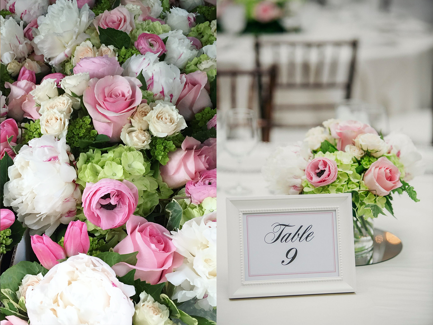 Close up shot of pink, white and green flowers. Floral arrangement in vase on wedding banquet table.