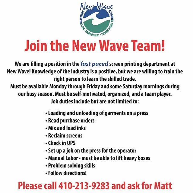 We've expanded and we're hiring! Looking for a screen printer for our fast paced print department. Please share if you know someone who would be a great fit!
Note: please do not message us here if you're interested; call Matt directly at 410-213-9283