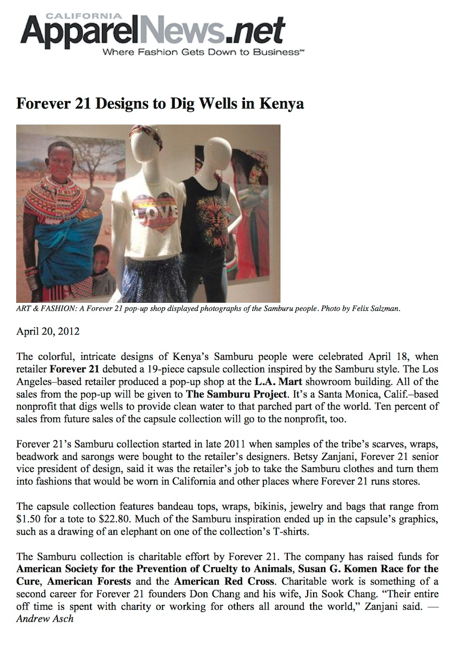 ApparelNews.Net Article: “Forever 21 Designns to Dig Wells in Kenya” Read Full Article