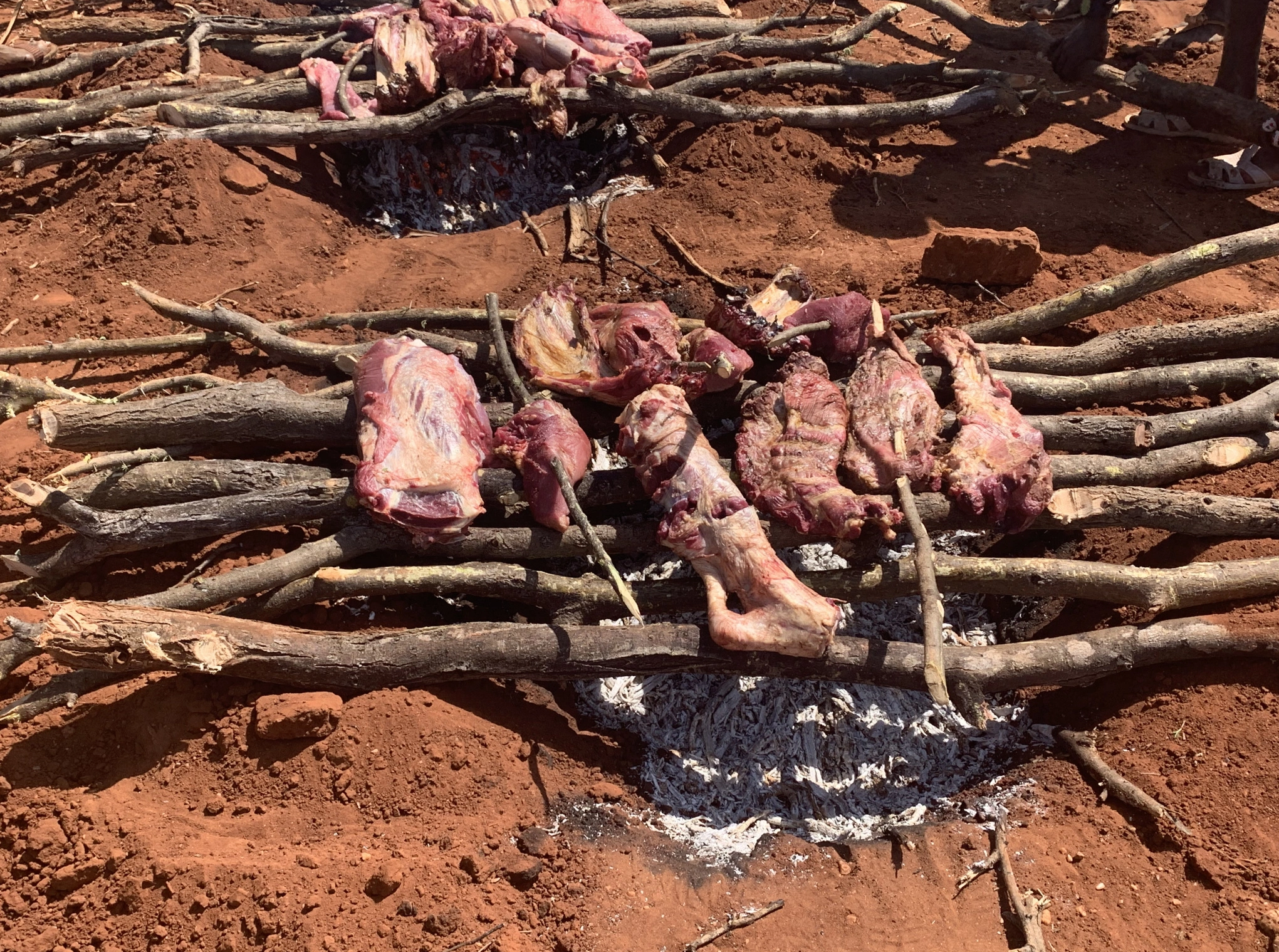 Part of a cow being cooked over coals.