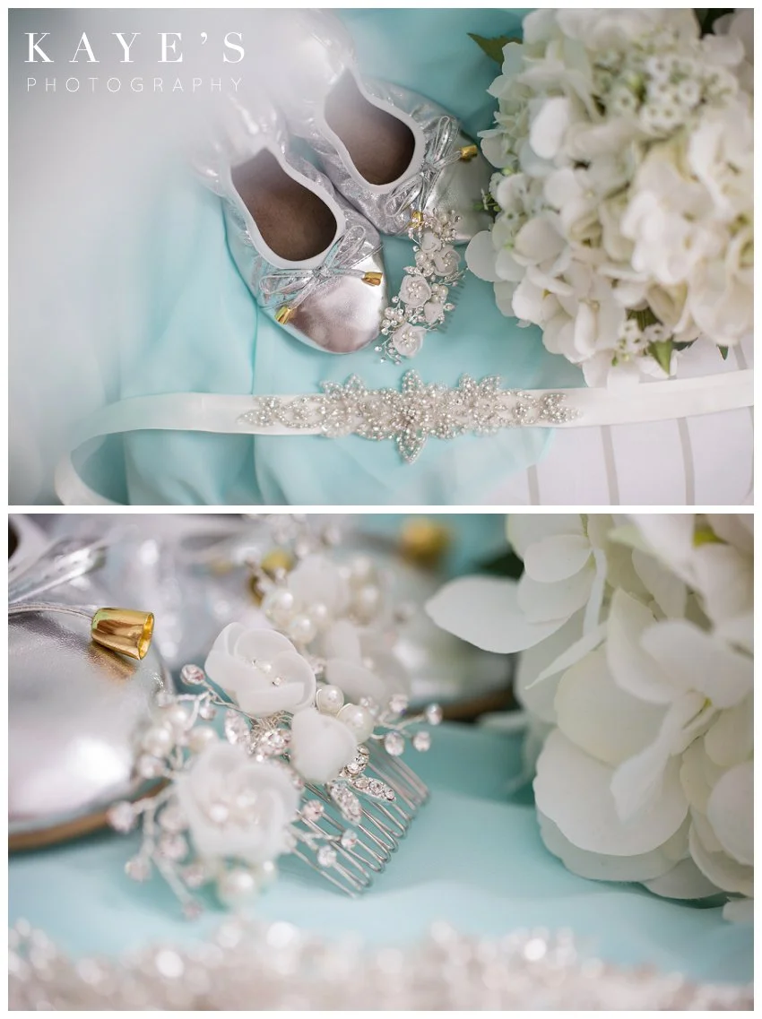 a styled portrait of a brides details from her wedding day including shoes, hair clip, and rhinestone belt