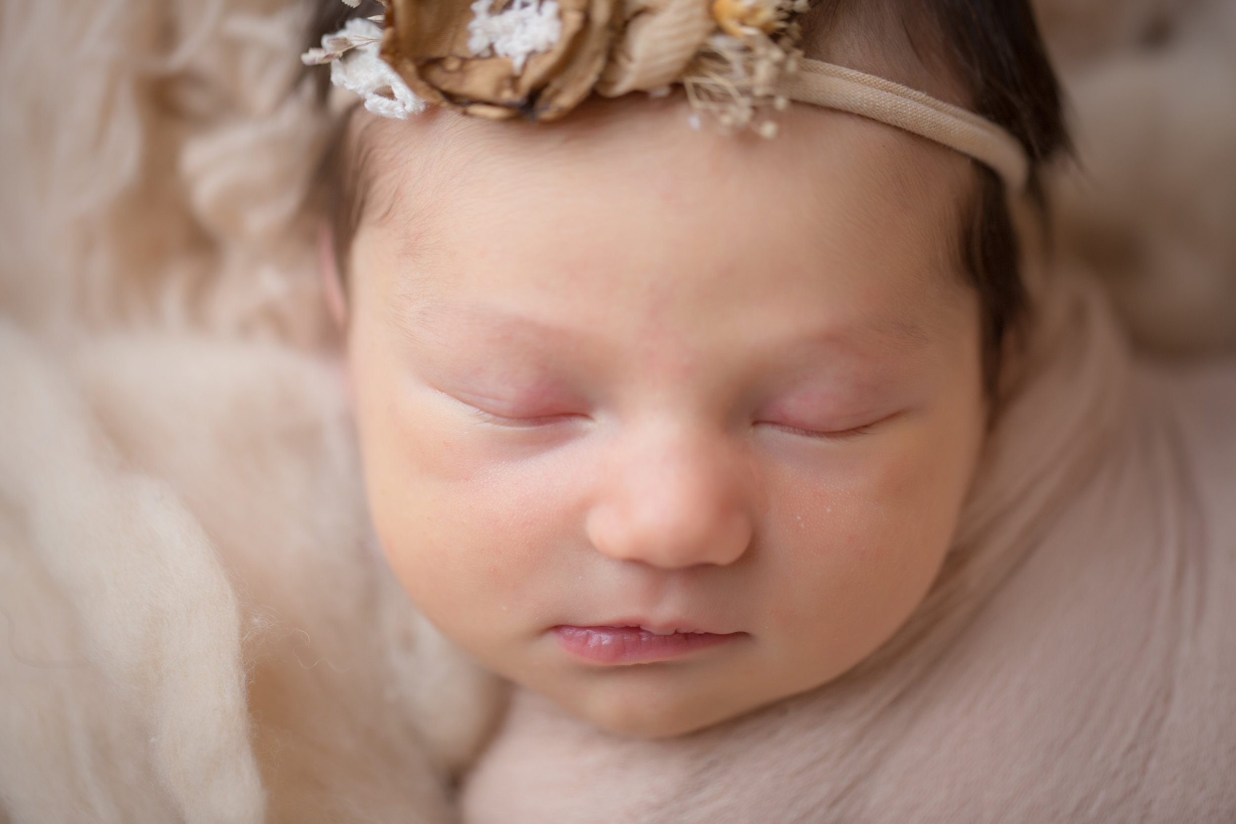  baby girl's newborn photo shoot in studio laying on a tan backdrop with a beautiful headband 