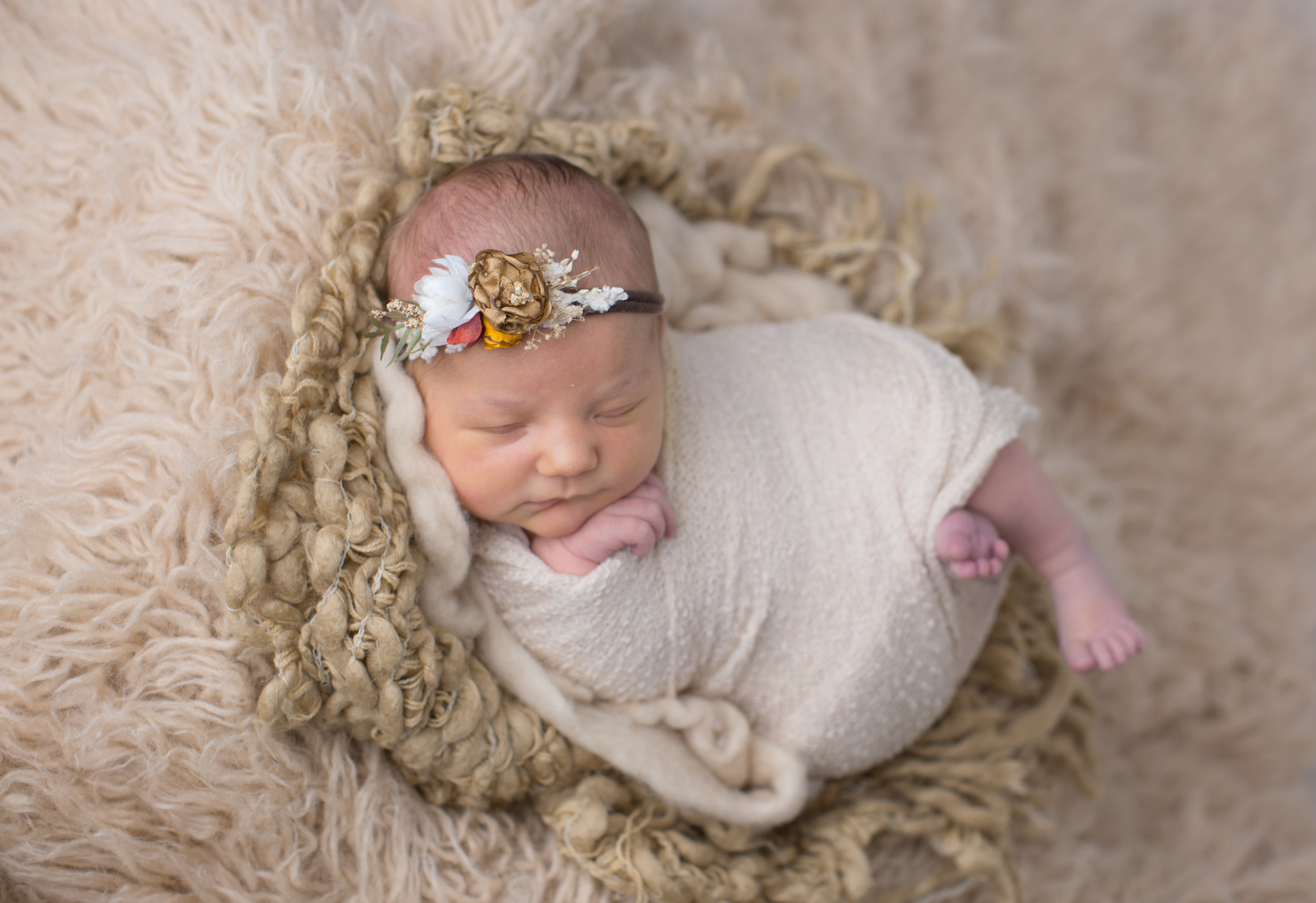  baby girl laying with cute headband for newborn portraits in fenton michigan 
