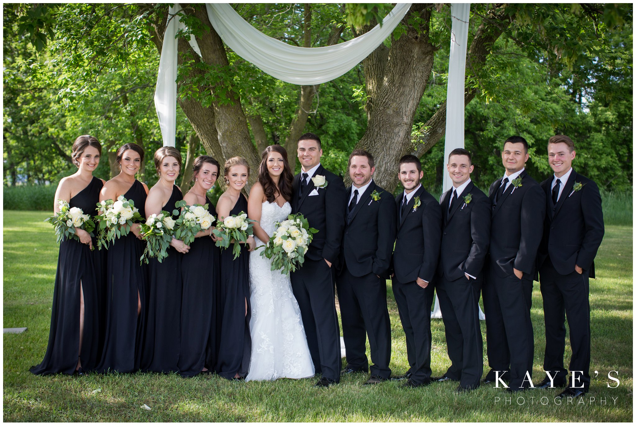 Large bridal party in black and while under a large tree in pontiac Michigan during wedding portraits