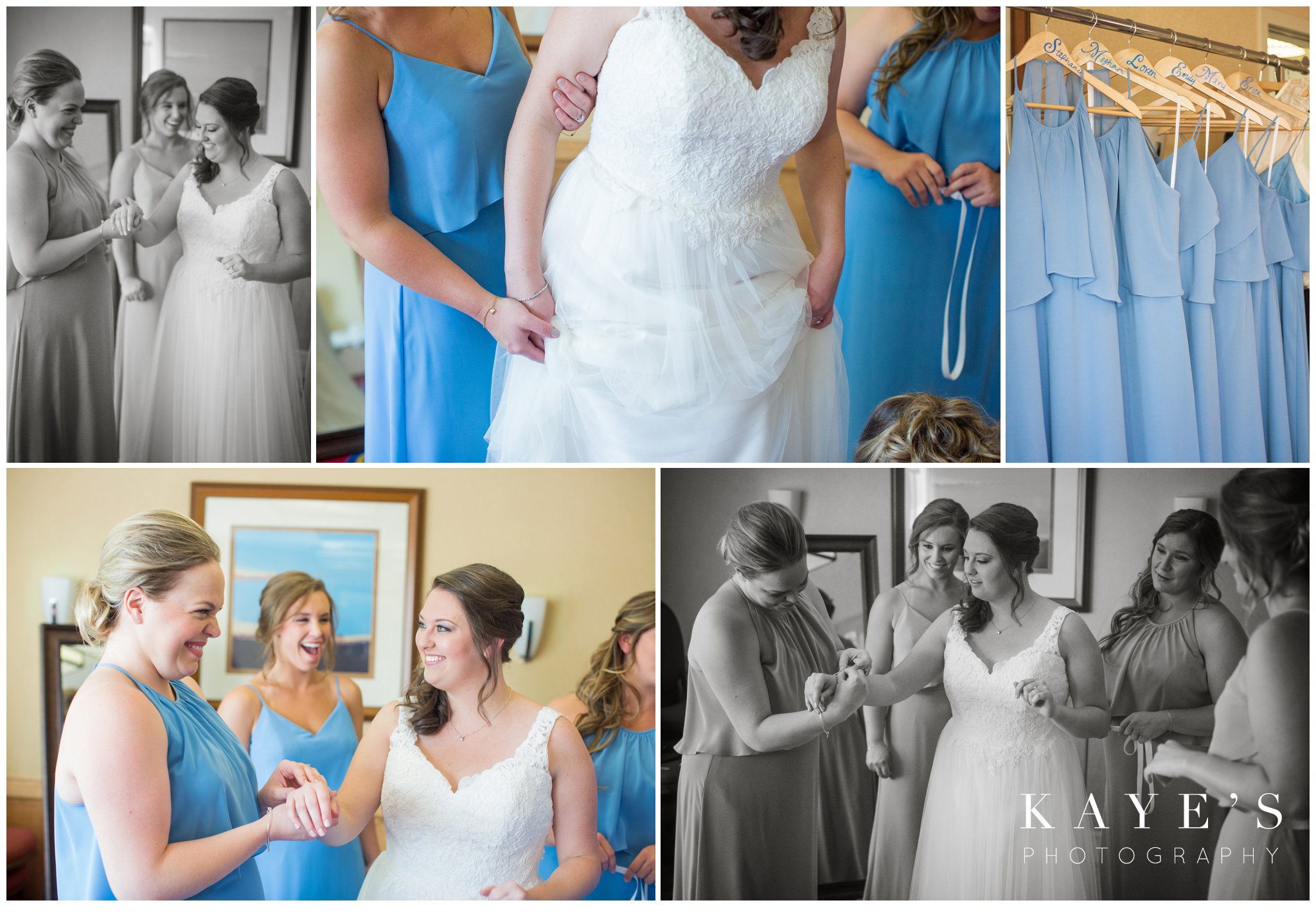 bride getting ready with bridemaids in light blue dressed