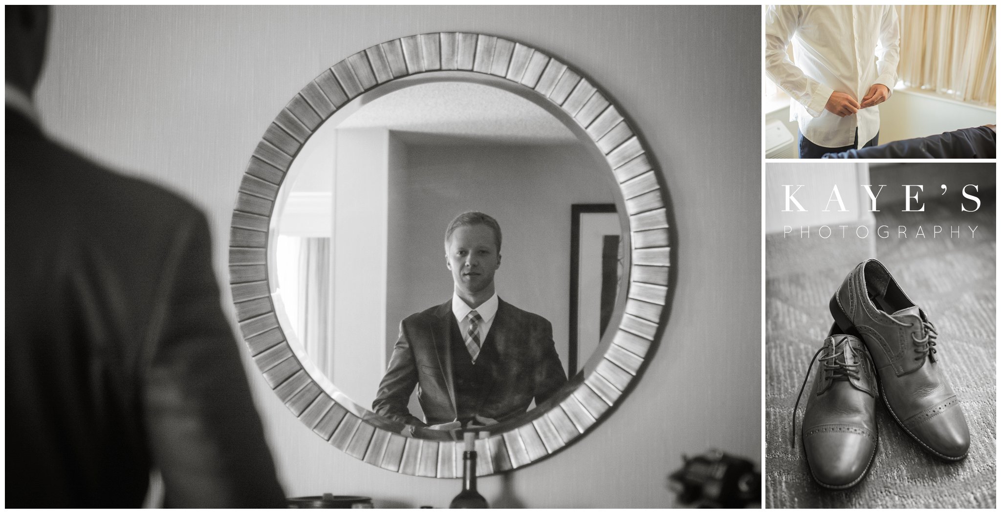 groom getting ready in room during plymouth michigan wedding