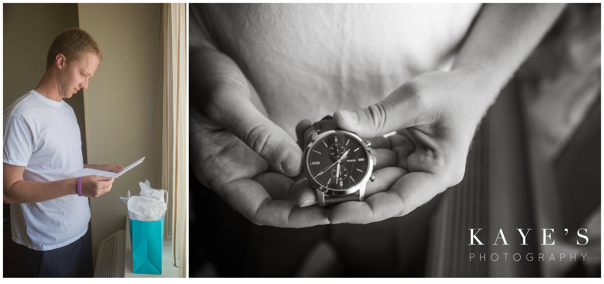 groom opening gift from bride and receiving a watch on wedding day in plymouth michigan