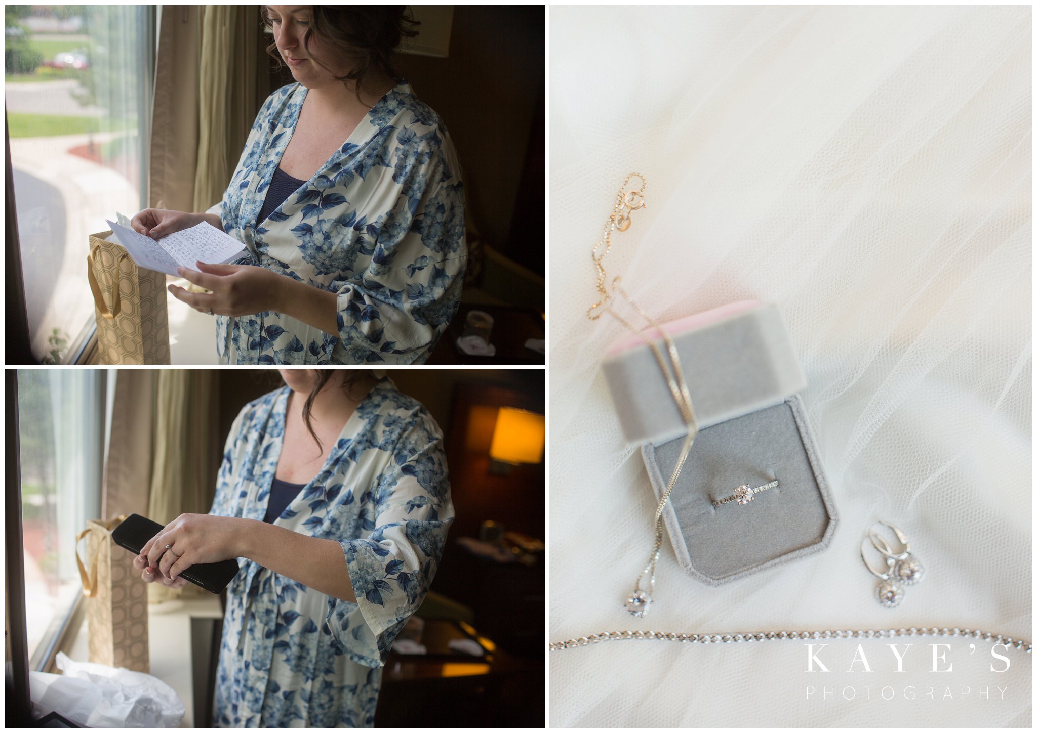 bride opening up gift from groom and her bridal jewelry in plymouth michigan