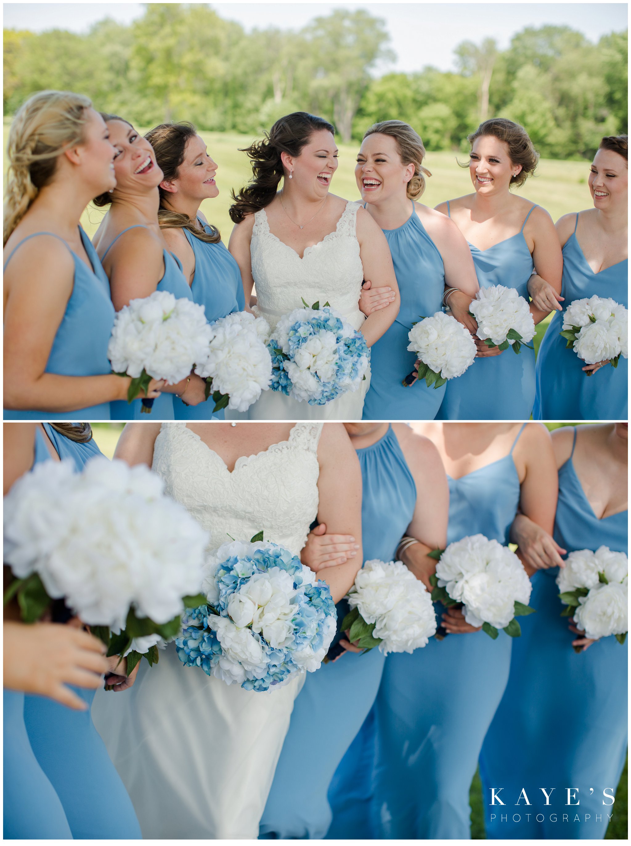close up of bride with bridemaids and blue and white flowers at fox hill golf club wedding