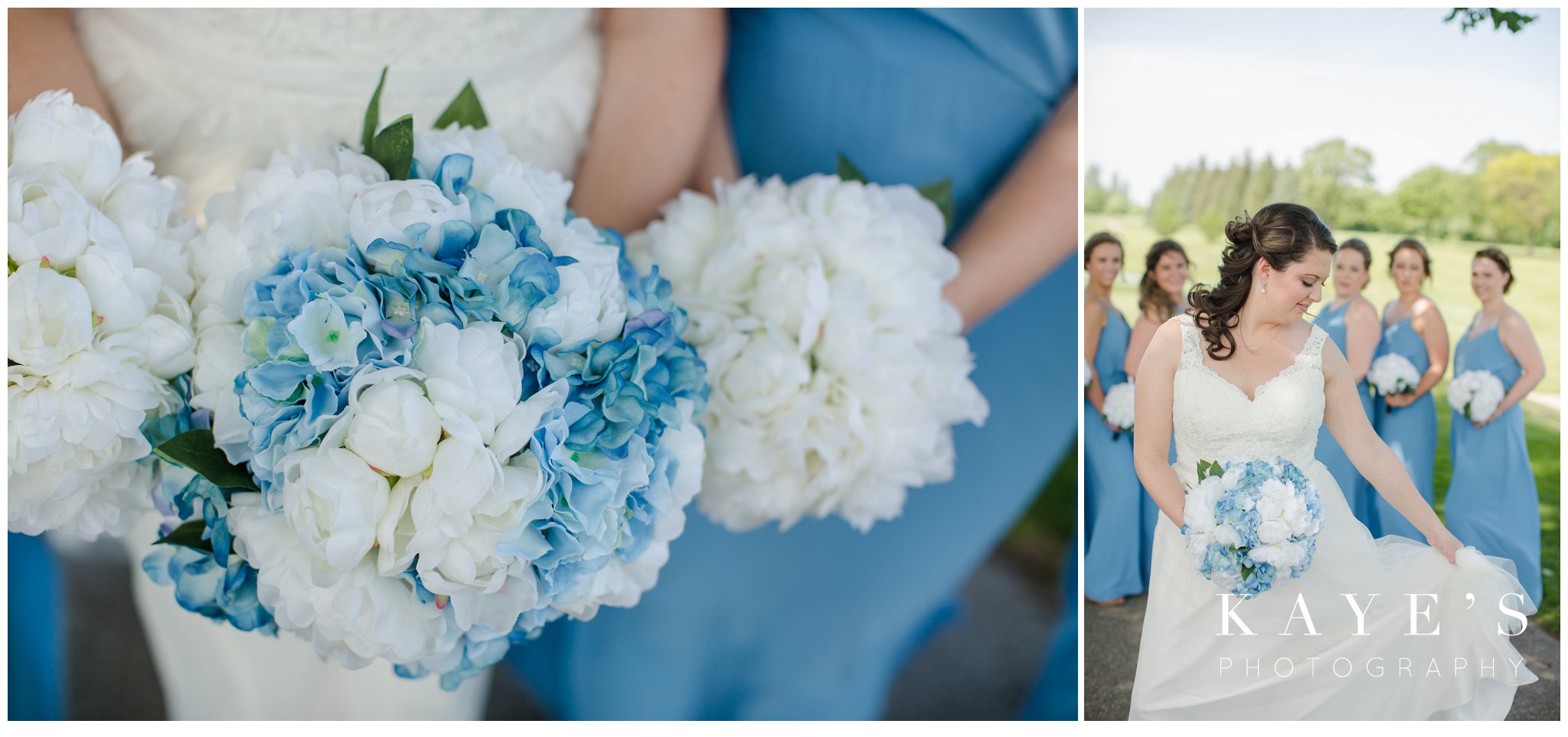 bride blue and white flowers and bouquets in wedding photos