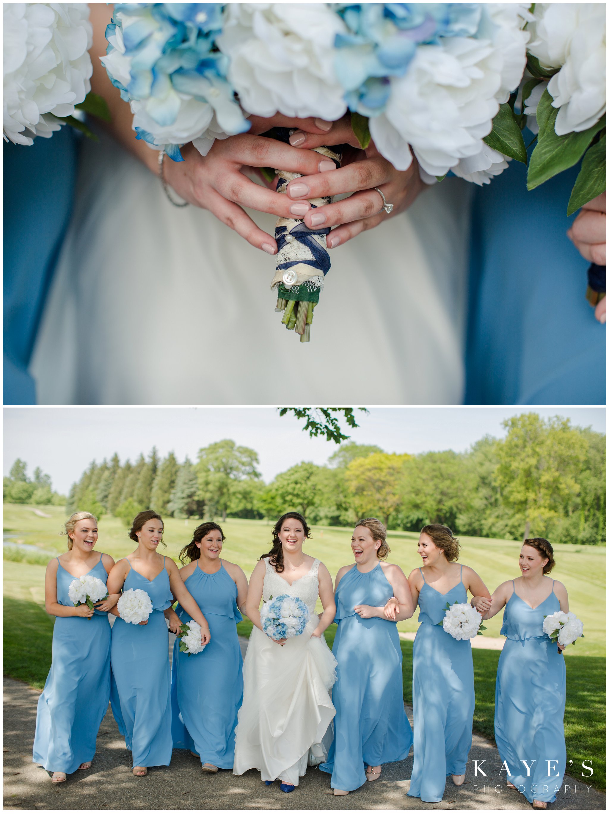 close up of brides bouquet with grandmothers hanky around the stem