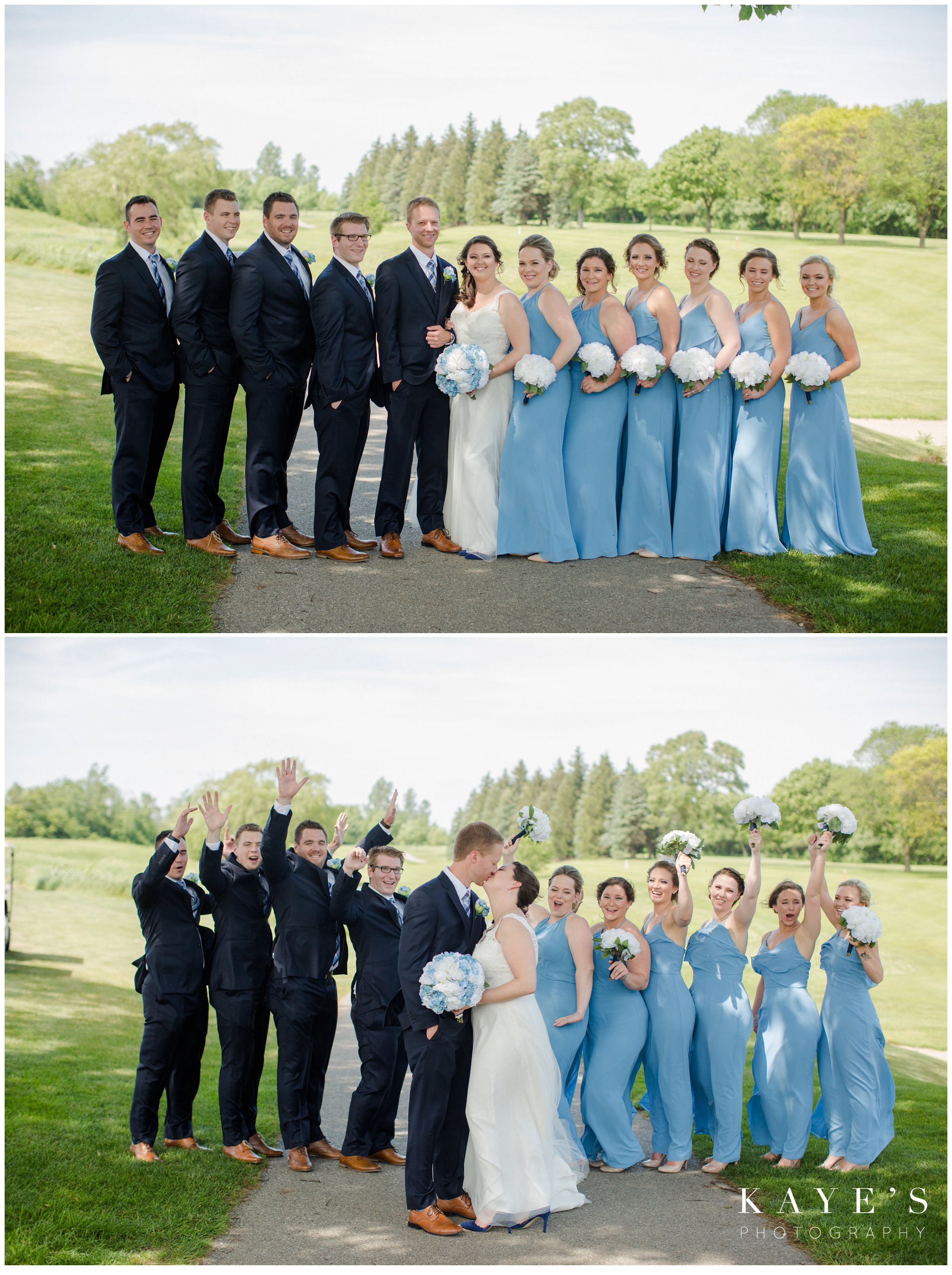 bridal party in light blue and navy at fox hill golf club in plymouth michigan