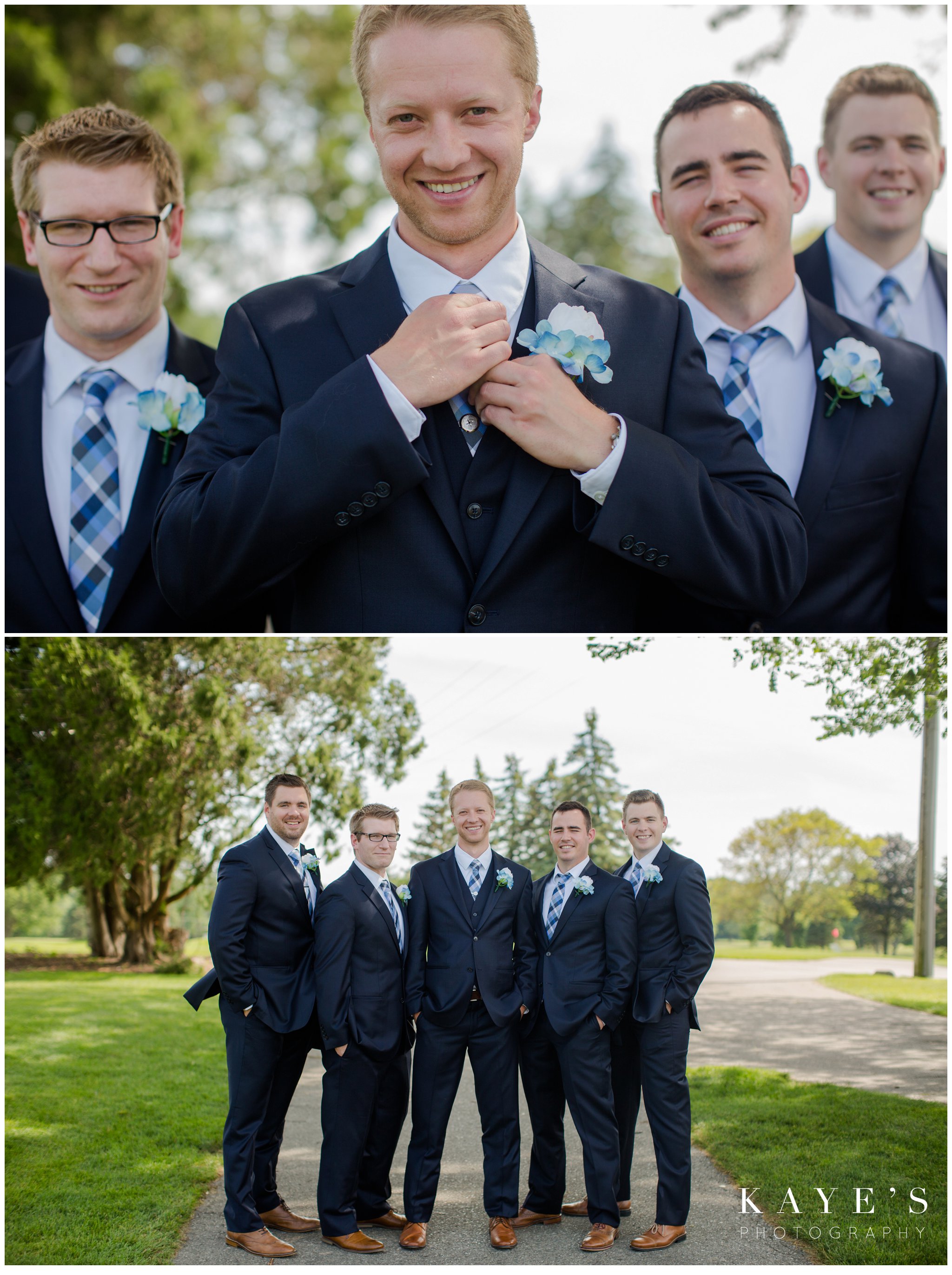 close ups of groom and groomsmen during wedding portraits at golf course wedding