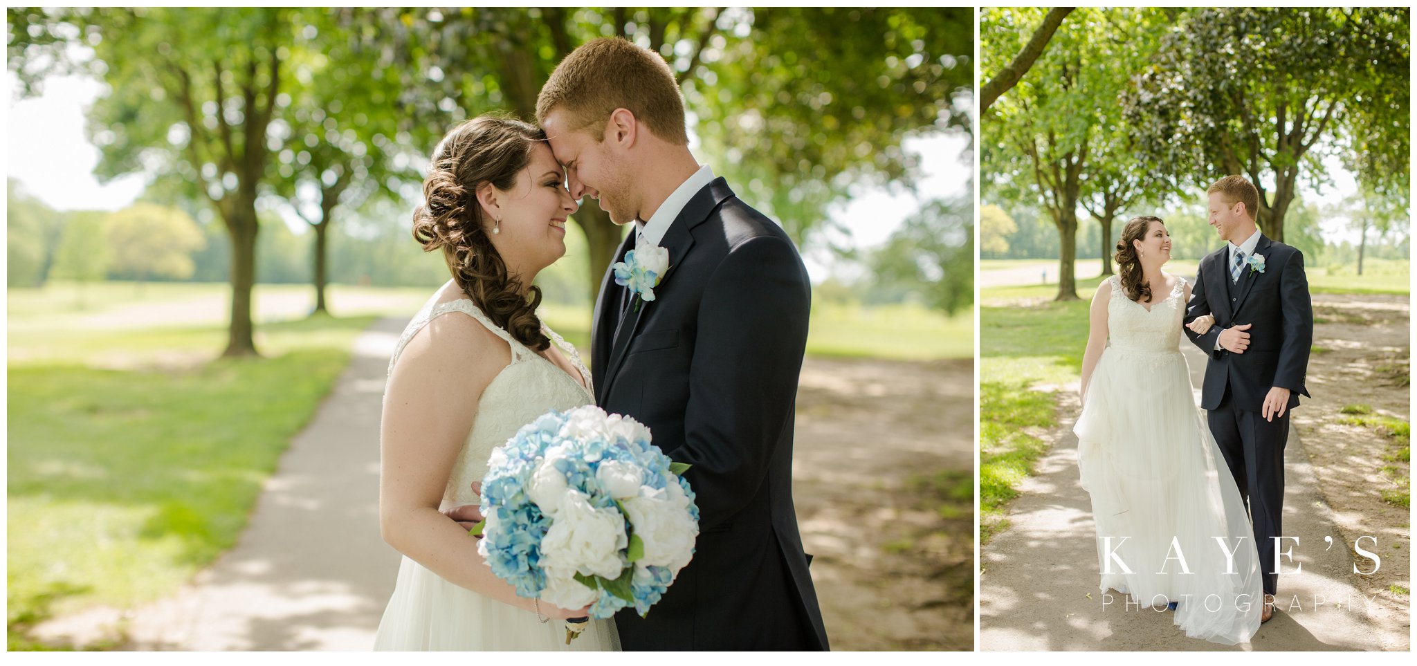 bride and groom on golf course under trees on windy day in plymouth michigan